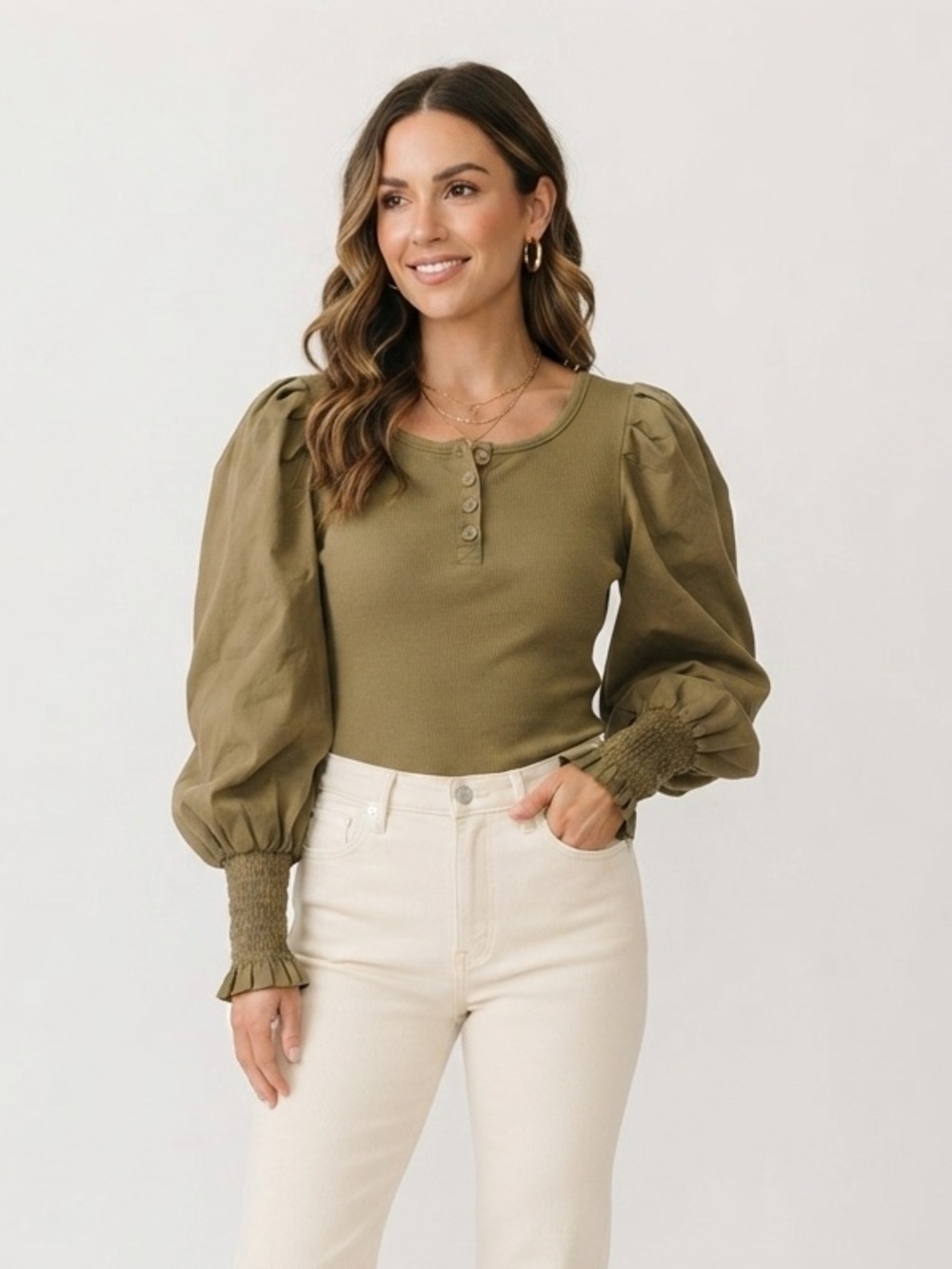 Habitual Olive Puff-Sleeve Women's long sleeve Top. Estimated Size S/M